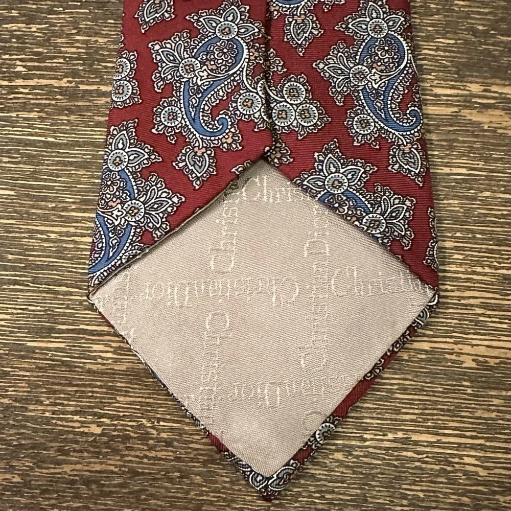Christian Dior All Silk Deep Red Paisley Design Print Mens Neck Tie Burgundy